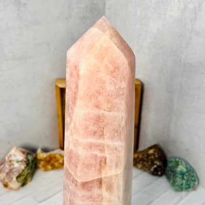 Up close view of the upper half of the Rose Quartz Polished Tower.