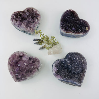 Amethyst Crystal Hearts on display