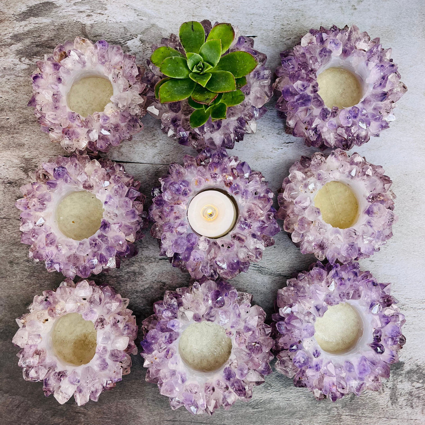 9 Amethyst Point Candle Holders  on a table from above view
