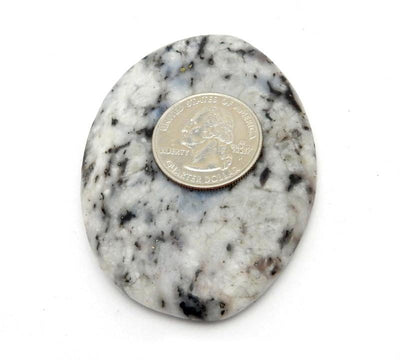 jasper worry stone with a quarter on top of it for size reference on white background