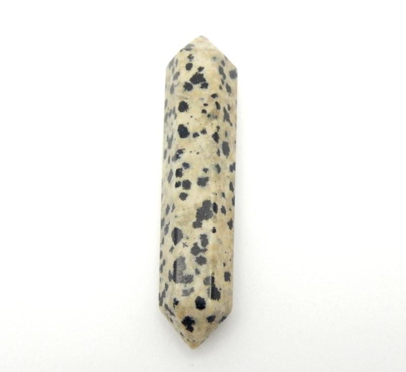 close up of the dalmatian jasper double terminated point 