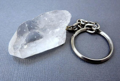 up close image of Crystal with silver Key Chain link and ring 