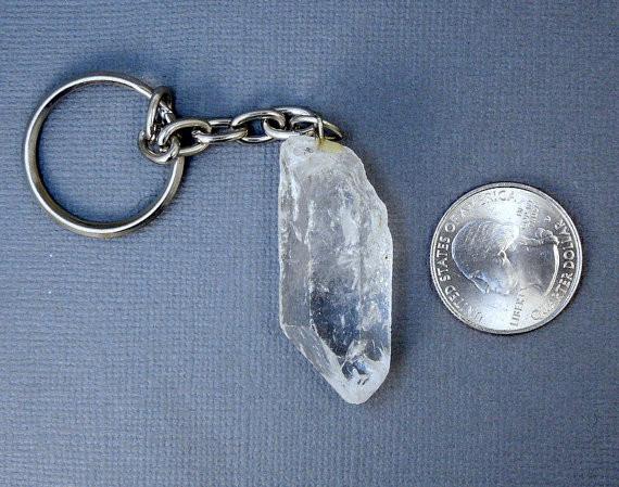 Crystal Quartz Key chain next to a quarter for size reference
