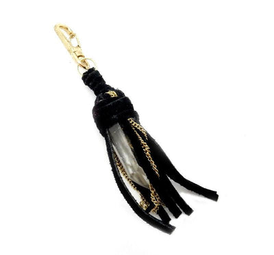 black Leather Keychain with Crystal Quartz Point on white background