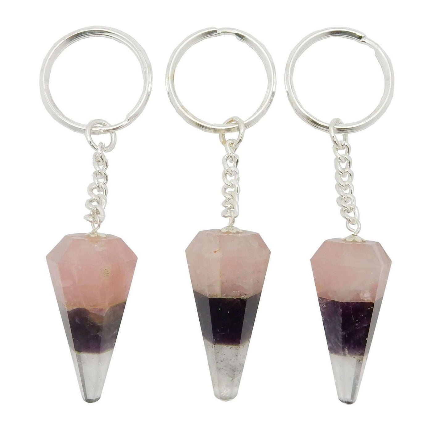 Triple Stone Keychain- Amethyst Rose Quartz Crystal Quartz Keychain - close up of 3
