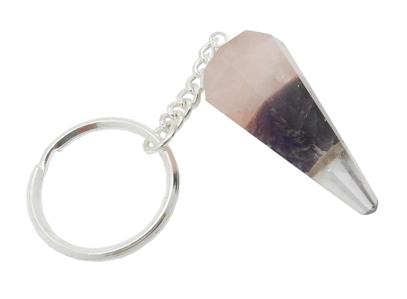 Key-Chains - Triple Stone Keychain- Amethyst Rose Quartz Crystal Quartz Keychain - one close up