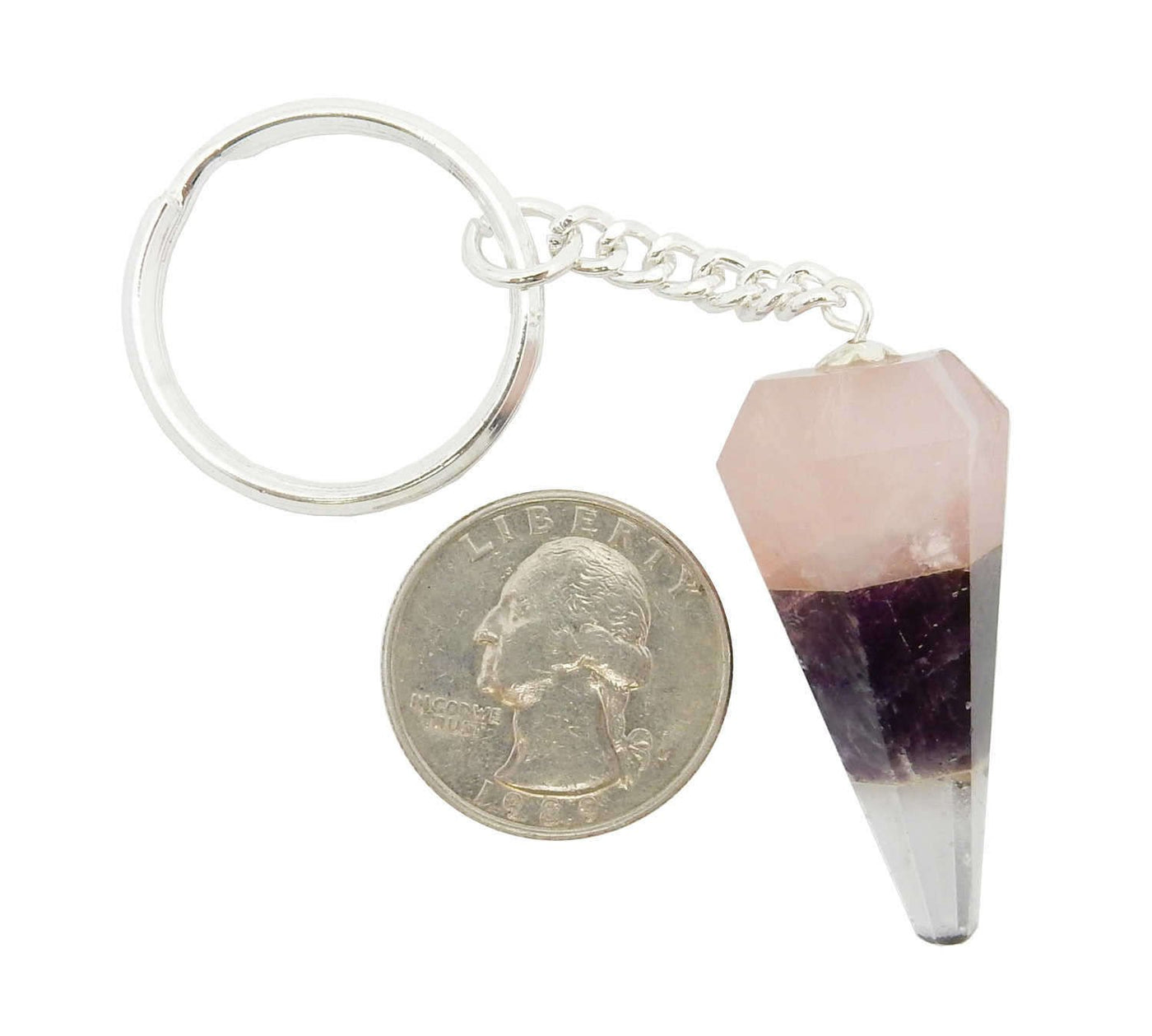 Triple Stone Keychain- Amethyst Rose Quartz Crystal Quartz Keychain - next to a quarter