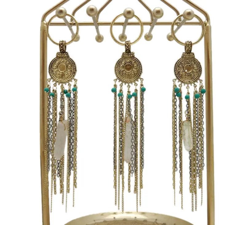 Gemstone Tassel Keychain with Antique Gold Chain and Crystal Quartz and Turquoise Howlite Dangles