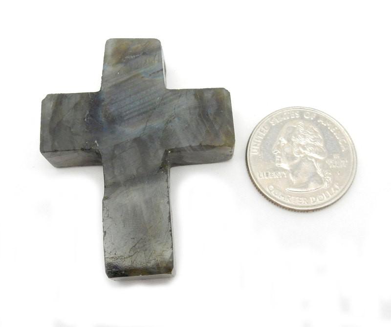 Labradorite Cross Pendant Charm next to a quarter for size reference