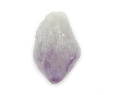 up close shot of large amethyst point on white background
