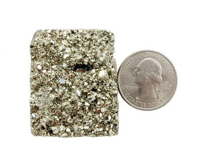 view of 1 Pyrite Cabochon next to a quarter for sizing