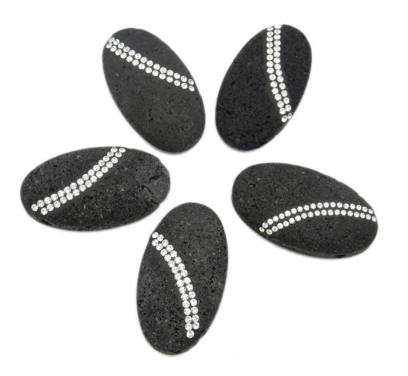5 oval lava rocks beads with rhinestones on white background