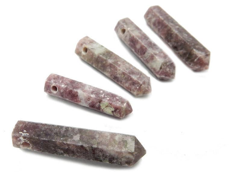 Lepidolite5  Pencil Point Beads - Top Side Drilled Beads showing different sizes and colors