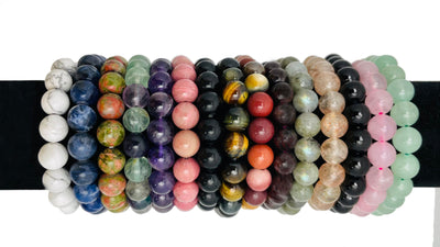 Mala Gemstone Beaded Stretch Bracelets up close of the various stones available