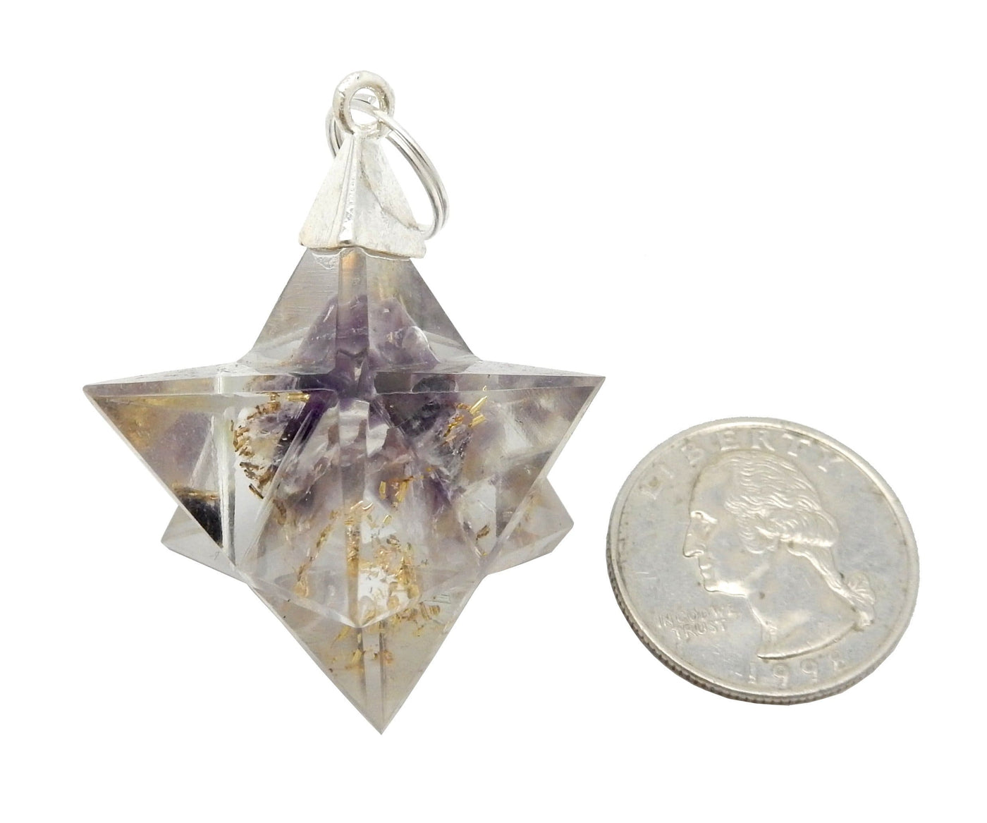 Merkaba - Merkaba Star Orgone Silver Toned Bail Pendant - next to a quarter