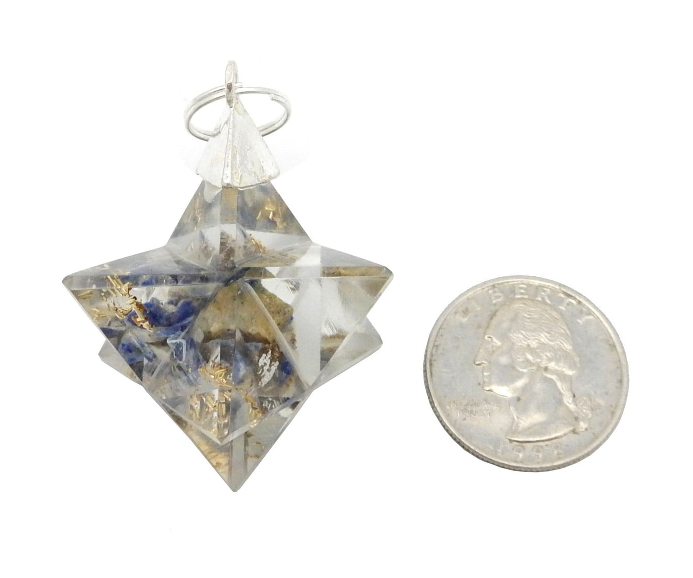 Merkaba - Merkaba Star Orgone Silver Toned Bail Pendant - one next to a quarter