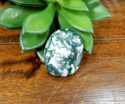 moss agate worry stone close up