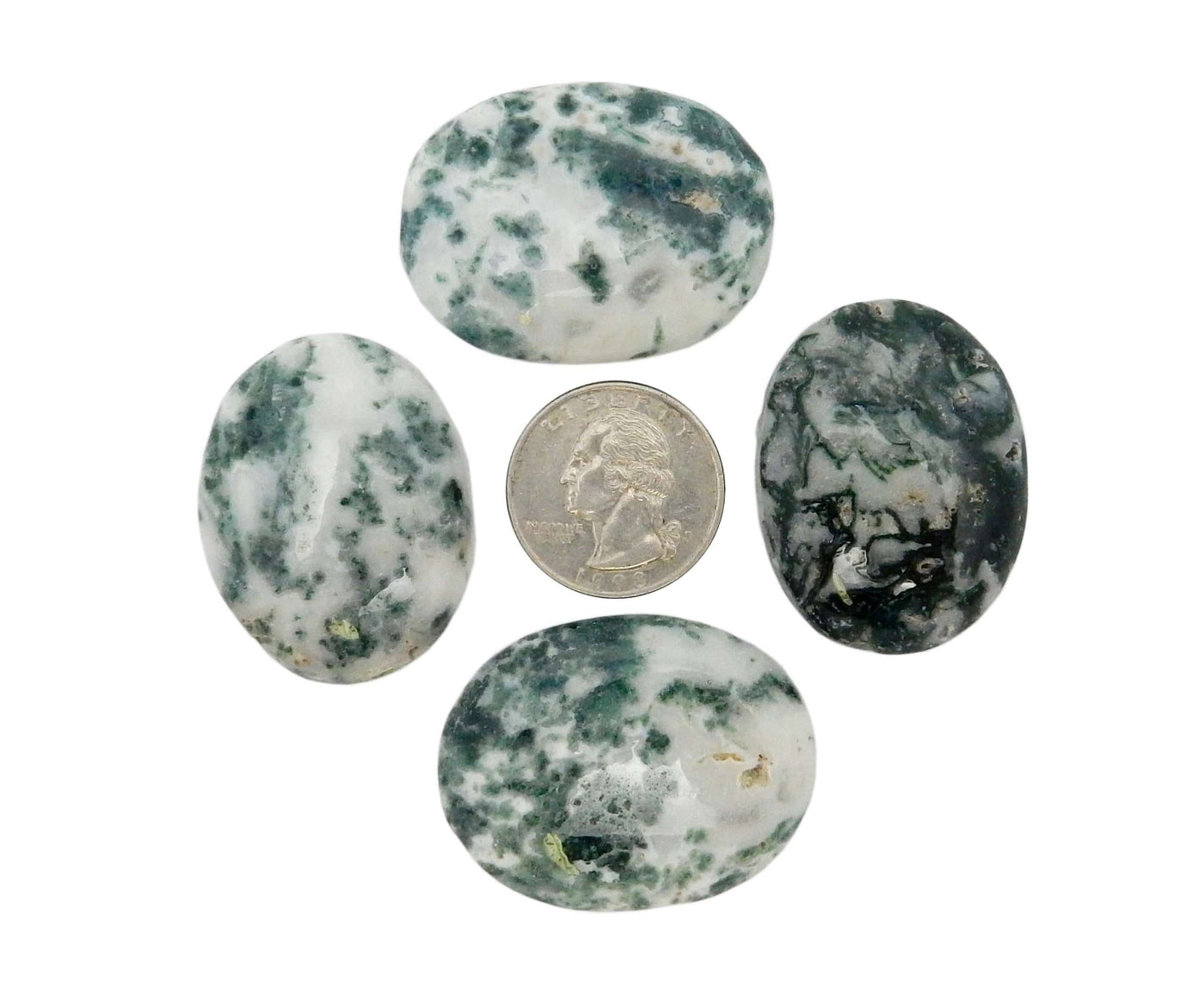 4 moss agate worry stones around a quarter