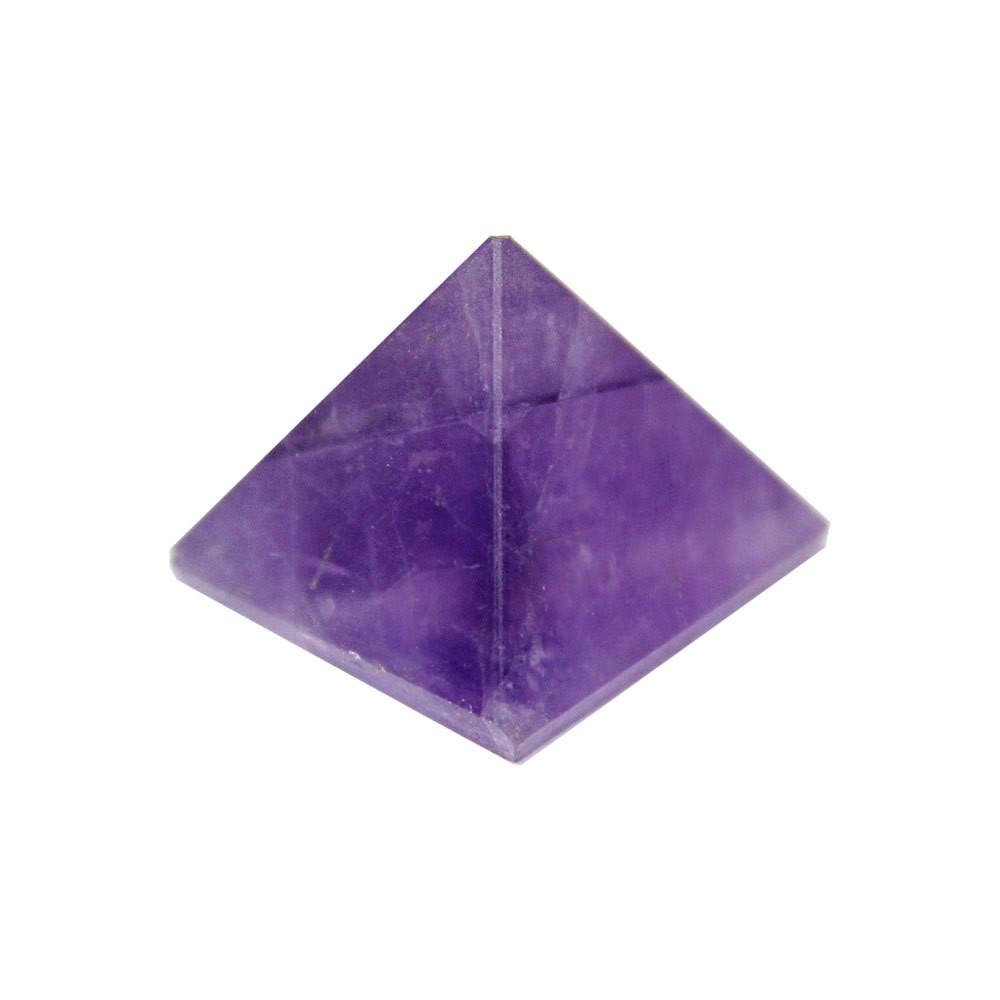 up close of amethyst pyramids on white background