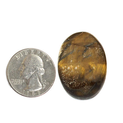 tiger eye worry stone next to a quarter for size reference