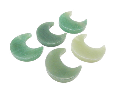 Five Green Aventurine Half Crescent Moons - Drilled, displayed on a white surface.