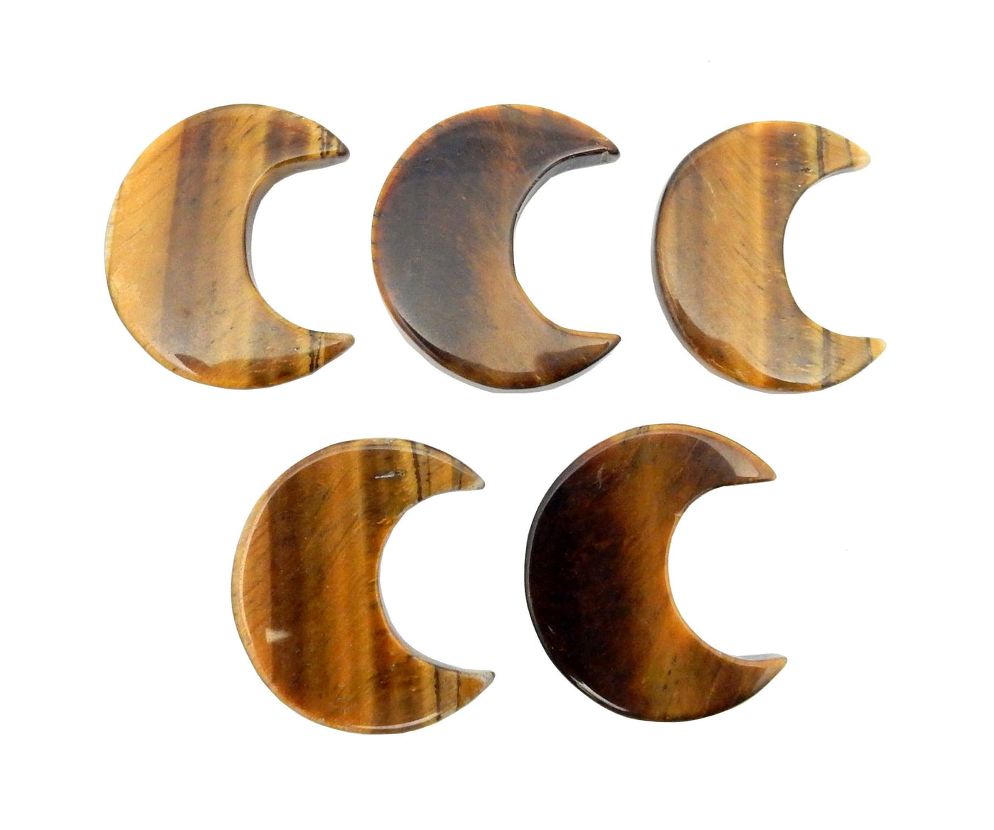 Five Tigers Eye Half Crescent Moons - Drilled, displayed on a white surface.