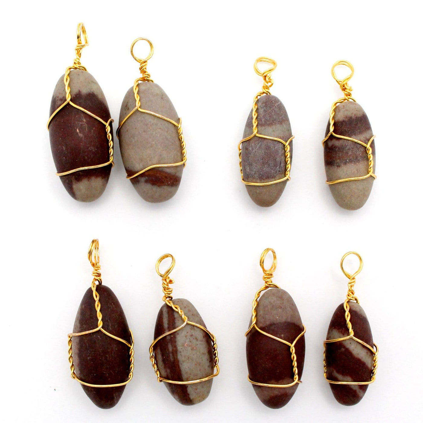 Narmada Lingam Stone Gold Tone Wire Wrapped Pendant  8 lined up