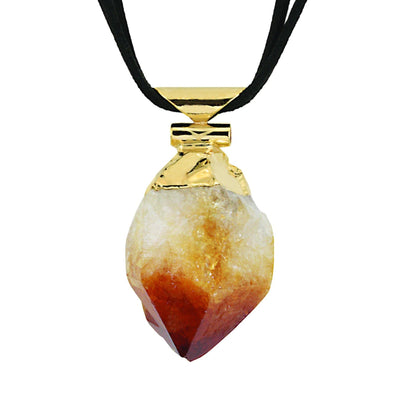 One citrine necklace with a gold top and on a black cord 