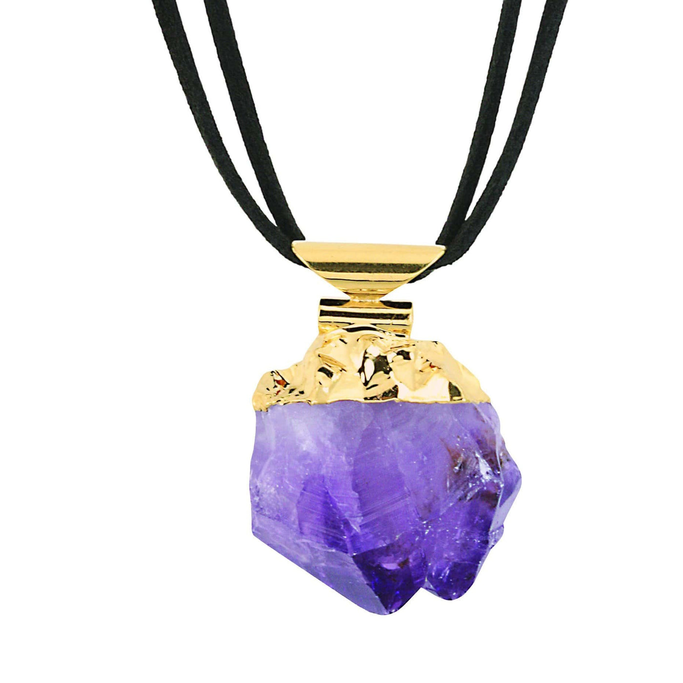 One amethyst necklace with a gold top and on a black double cord.