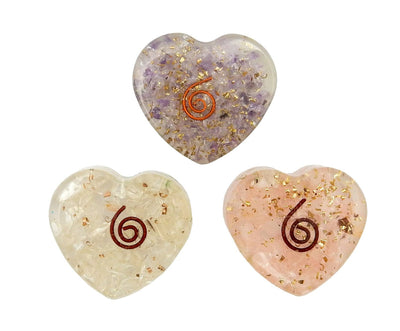 set of 3 Orgone Heart Piece Boho Style Resin Heart with Pieces of Stones come in amethyst crystal quartz rose quartz