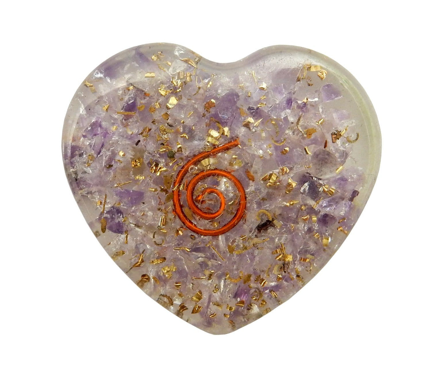  Orgone Heart Amethyst up close to show detail of the swirl wire stone chips golden flakes