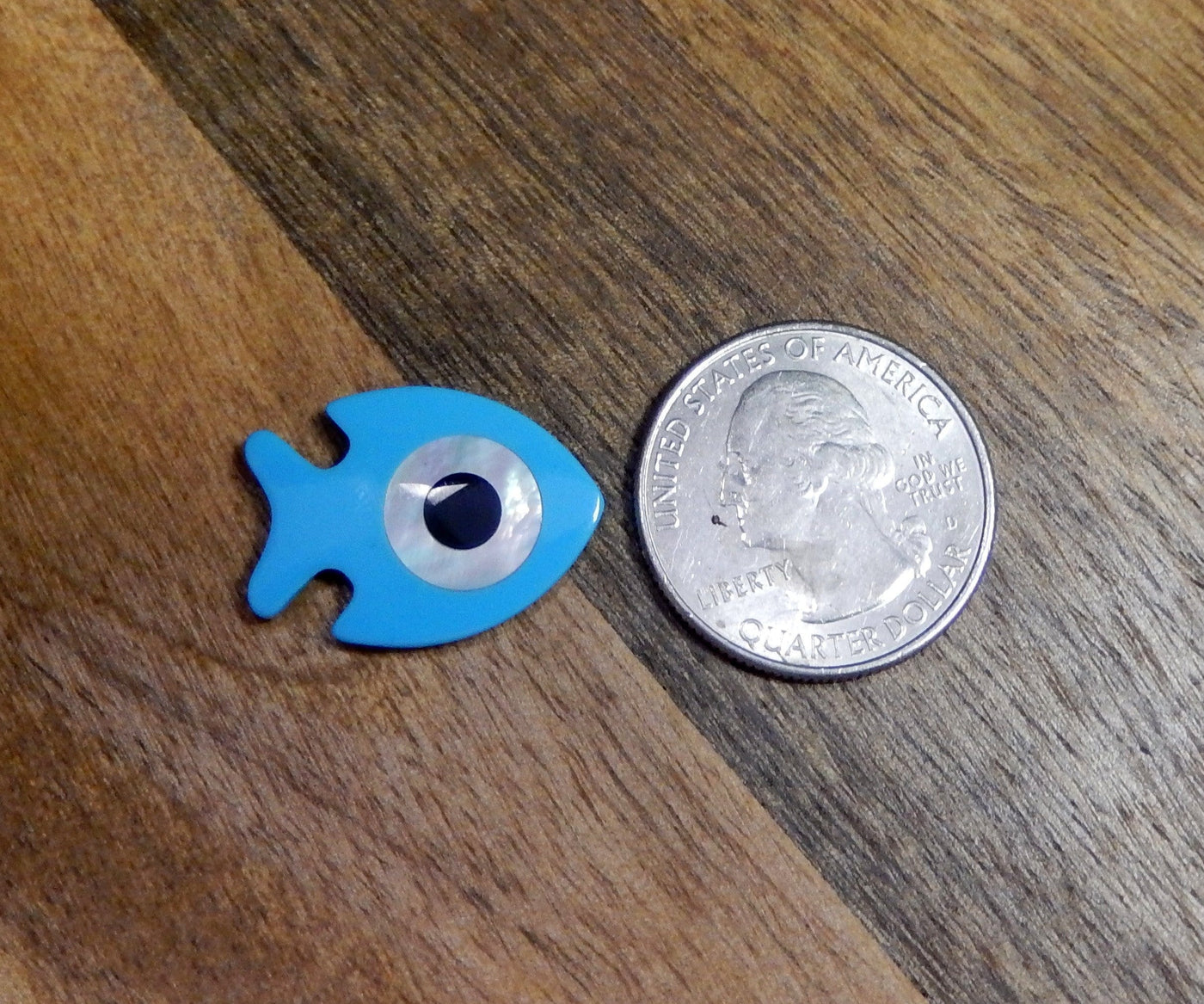 A Fish with Mother of Pearl Eye Accent next to a quarter.
