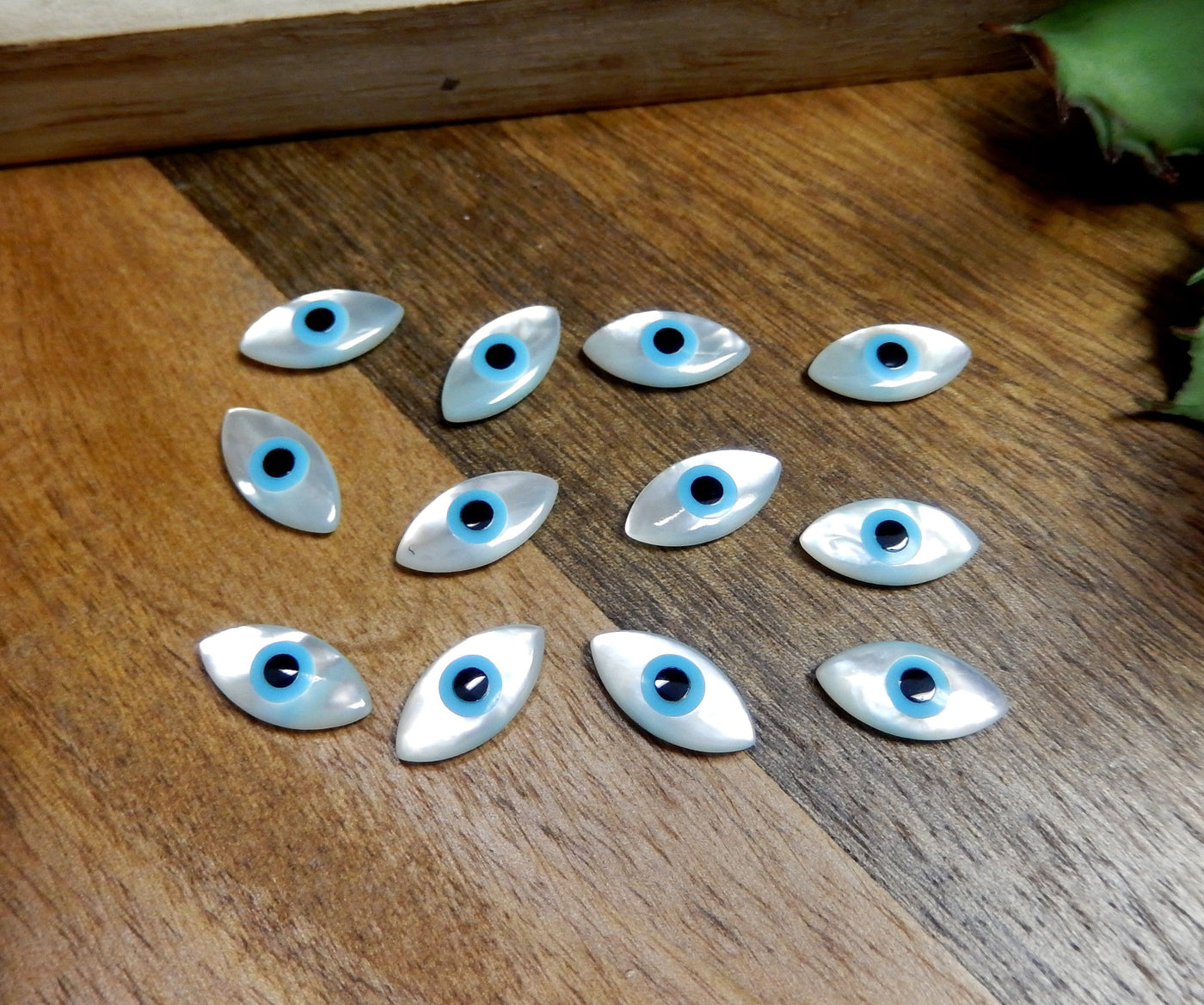 12 mother of pearl Greek eyes on wooden background