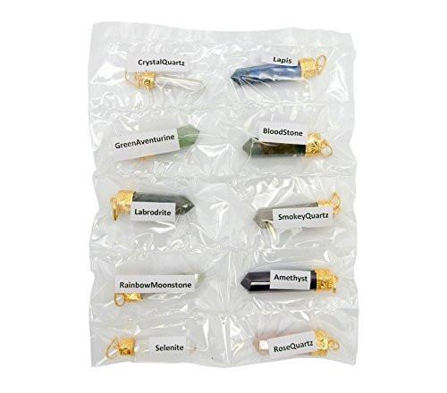stone pencil point pendants - in plastic wrapping with labels of each stone