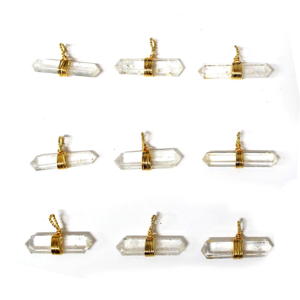 9 pieces of wired wrapped Crystal Quartz Pendants in Gold wire 