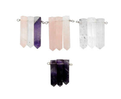 Pendant With Silver Plated Wire Bails come in 3 point with rose quartz crystal quartz amethyst point 3 points of rose quartz 3 points of crystal quartz 3 points of amethyst displayed on white background