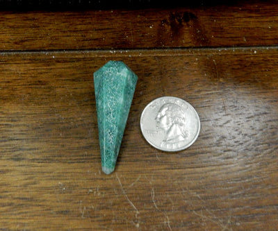 Green Aventurine Pendulum Point Top Side Drilled Bead next to quarter for size comparison 