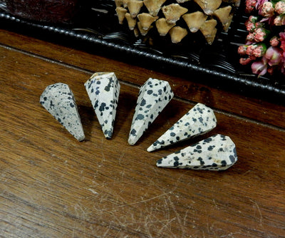 Five Dalmatian Jasper Pendulum Point Top Side Drilled Bead side view