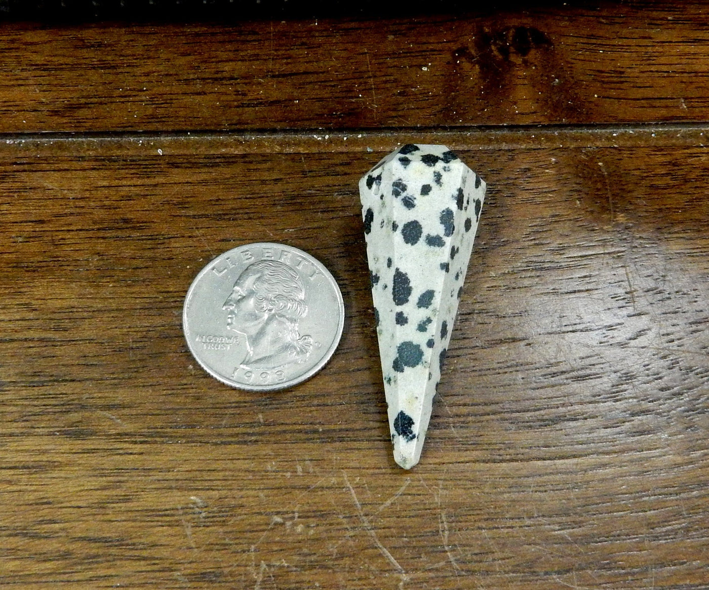 Dalmatian Jasper Pendulum Point Top Side Drilled Bead next to quarter for size comparison