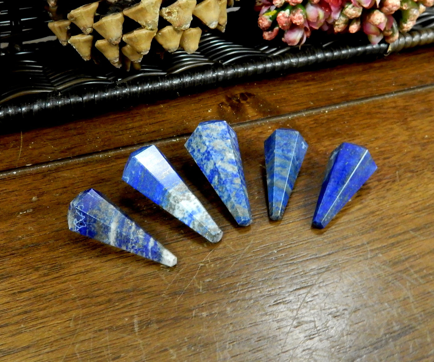 Five Lapis Lazuli Pendulum Point Top Side Drilled Bead side view