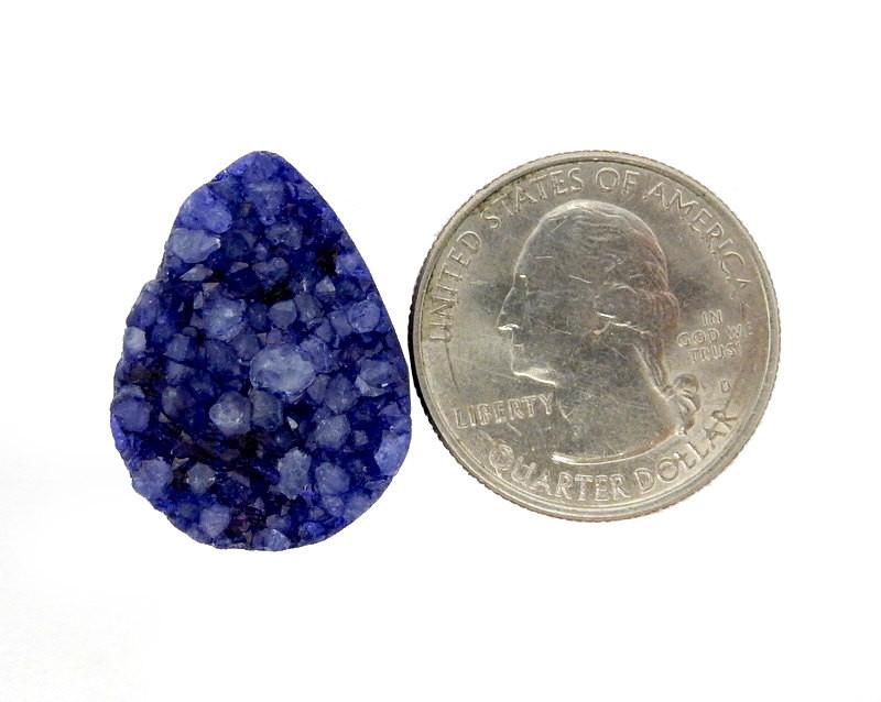Single Petite Blue Teardrop Druzy next to quarter for size comparison 