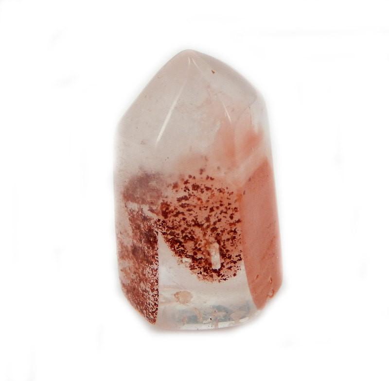 Single Petite Red Hematite Crystal Quartz Point front view in white backgrouns