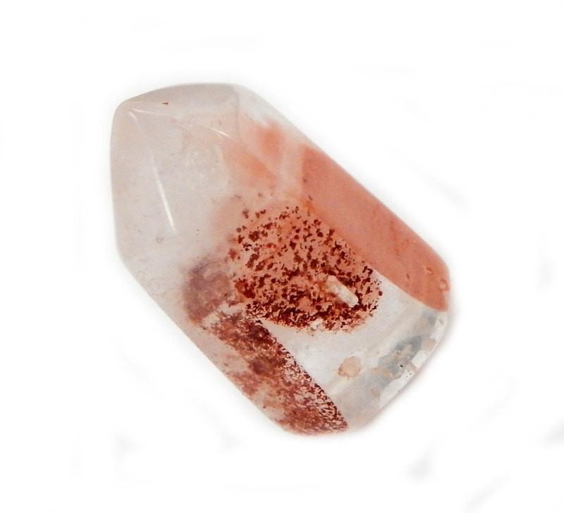 Single Petite Red Hematite Crystal Quartz Point side angle view in white background