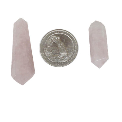 Two Petite Rose Quartz Double Terminated Point with a quarter in between to show size comparison