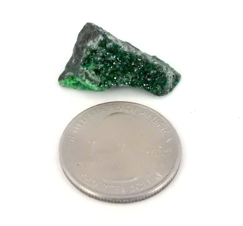 Petite Uvarovite Stone rare stone from Russia next to a quarter for size comparison