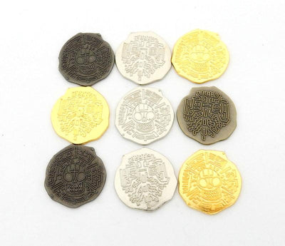 top view of multiple coins of the front and back side and they come in antique silver antique gold and shiny silver shiny gold