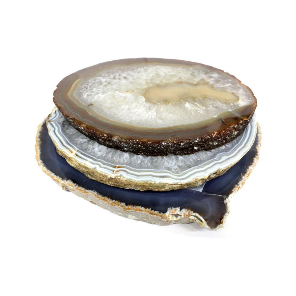 Display picture of multiple Natural Agate Platters stacked on each other for thickness reference