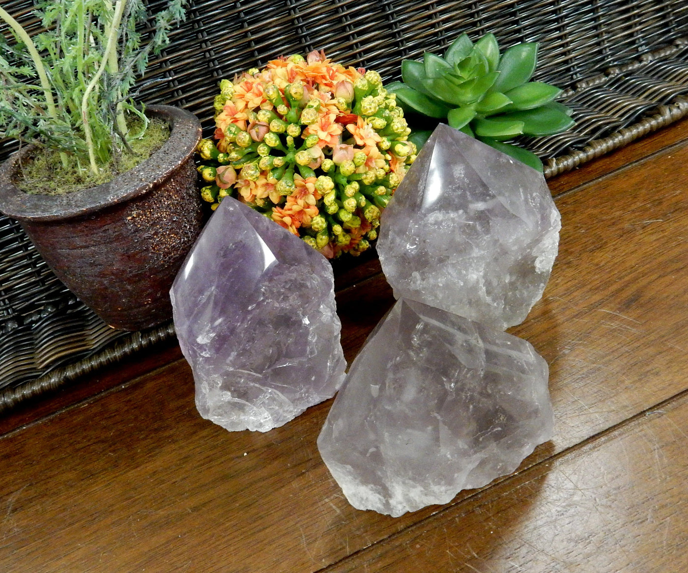 Angled top view of 3 Raw Amethyst Semi Polished Points on wooden table with various decorations in the background