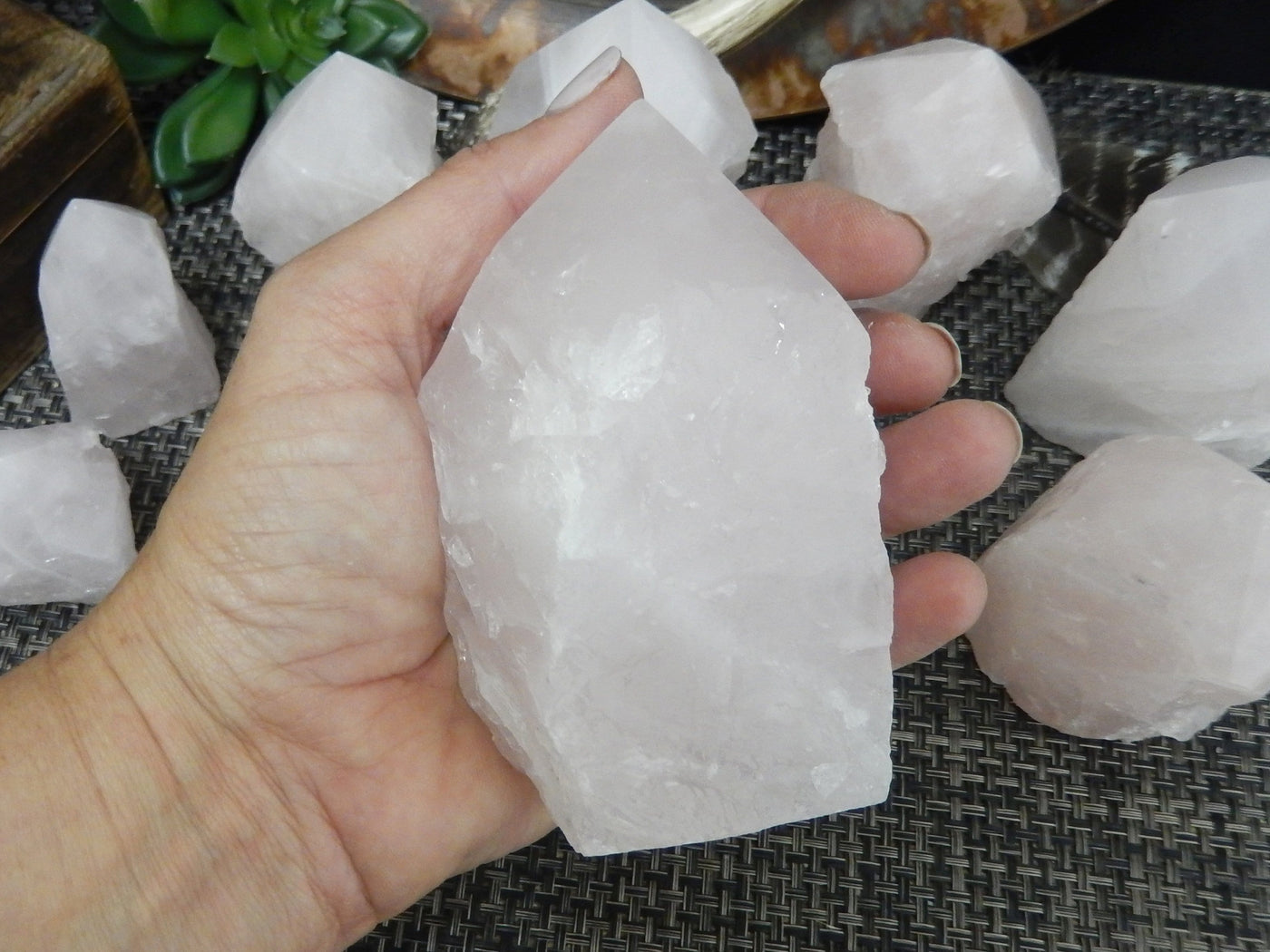 Hand holding up Rose Quartz Semi Polished Point with others behind it