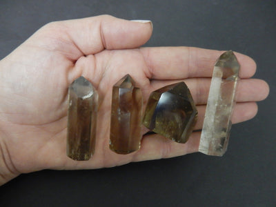 four smokey quartz polished points under 40g in hand over black background for size reference and possible variations